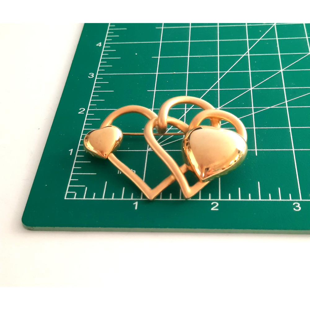 Heart Brooch Pin Joined Hearts Gold Tone Brushed and Polished Love Family